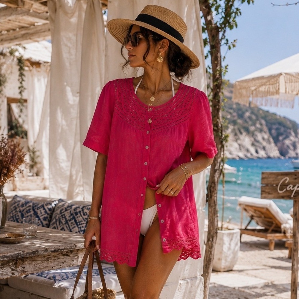 Frixio Casa del Bordado Pink Ramie Embroidered ButtonDown Blouse Coverup Size 14